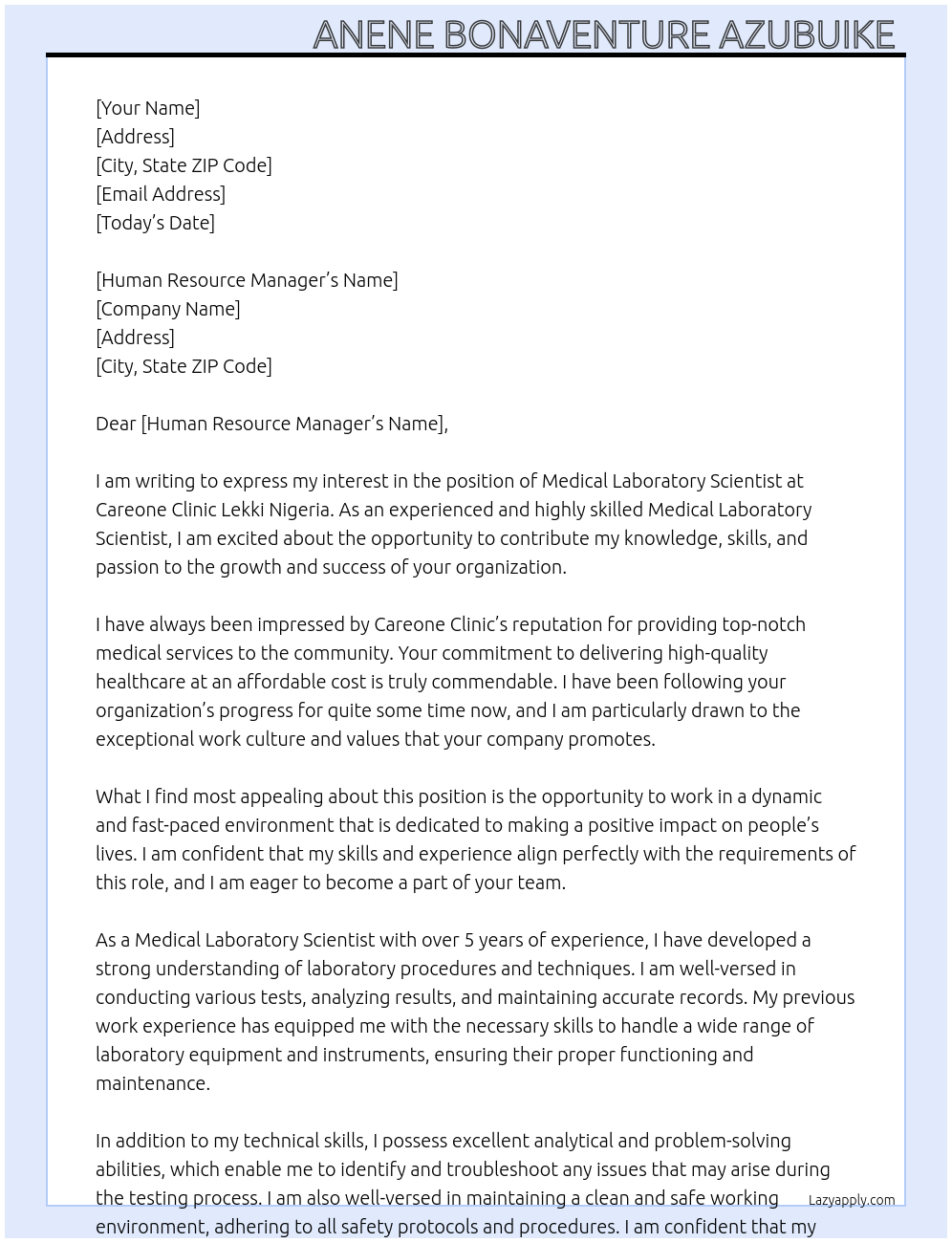 Medical laboratory scientist At Careone clinic lekki Nigeria Cover Letter