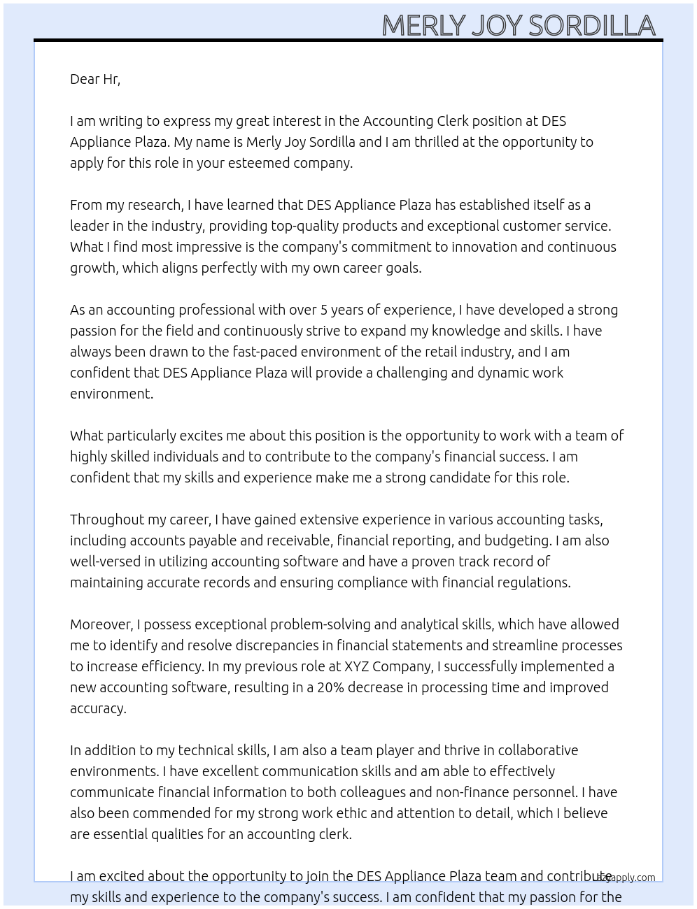 Accounting clerk At DES Appliance Plaza Cover Letter