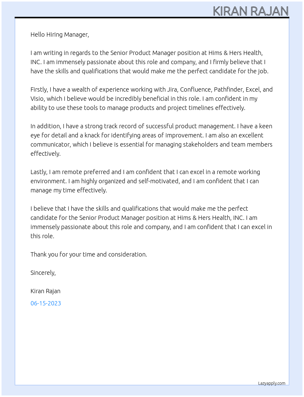 Senior Product Manager At Hims & Hers Health, INC Cover Letter