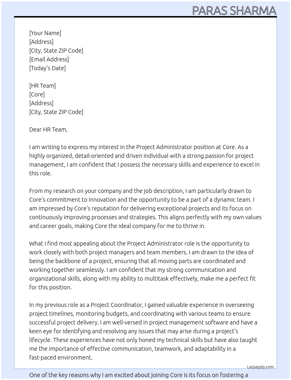 Project Administrator At Core Cover Letter