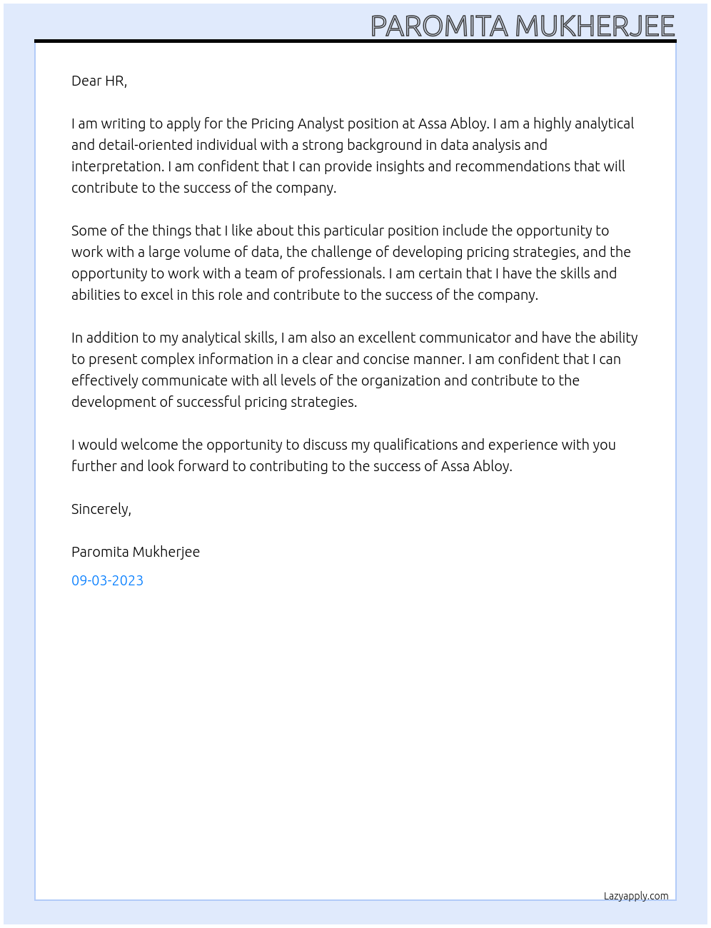 Pricing Analyst At Assa Abloy Cover Letter