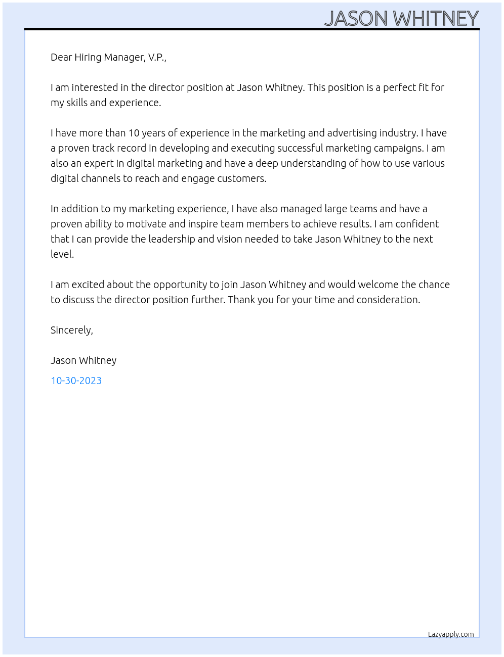 director At Jason Whitney Cover Letter