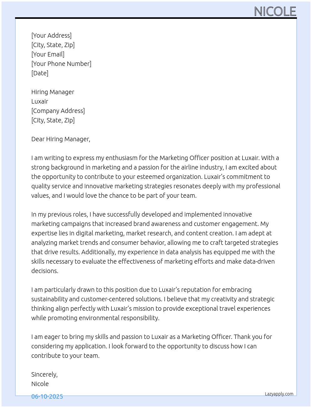Marketing Officer At Luxair Cover Letter