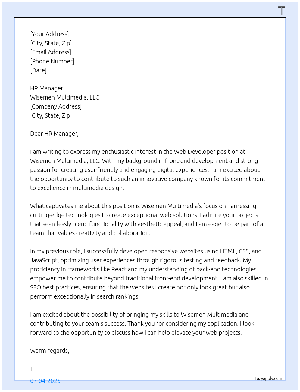 Web Developer At Wisemen Multimedia, LLC Cover Letter