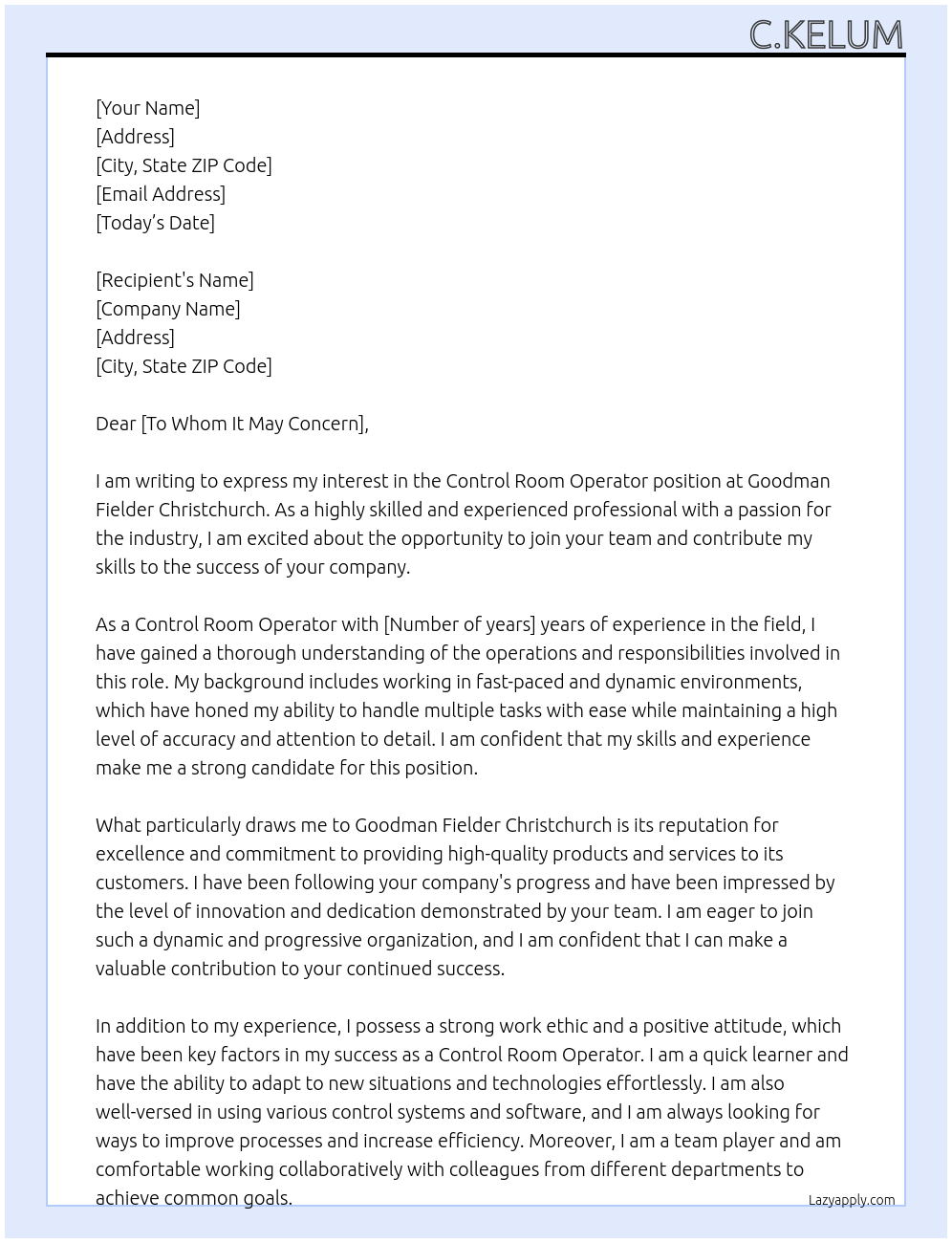 Control Room Operator At goodman fielder christchurch Cover Letter