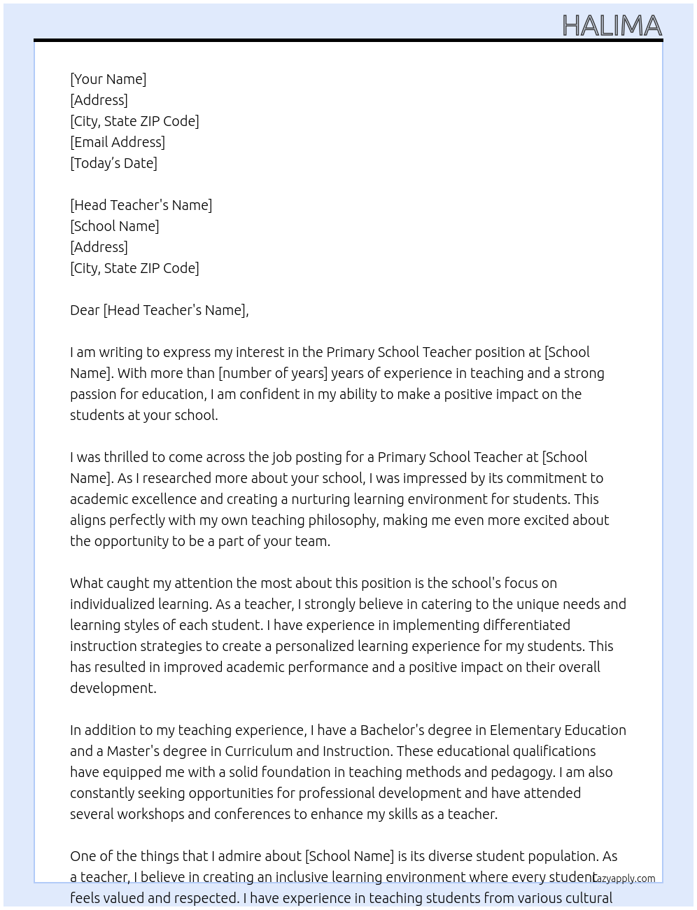 primary school teacher  At school  Cover Letter
