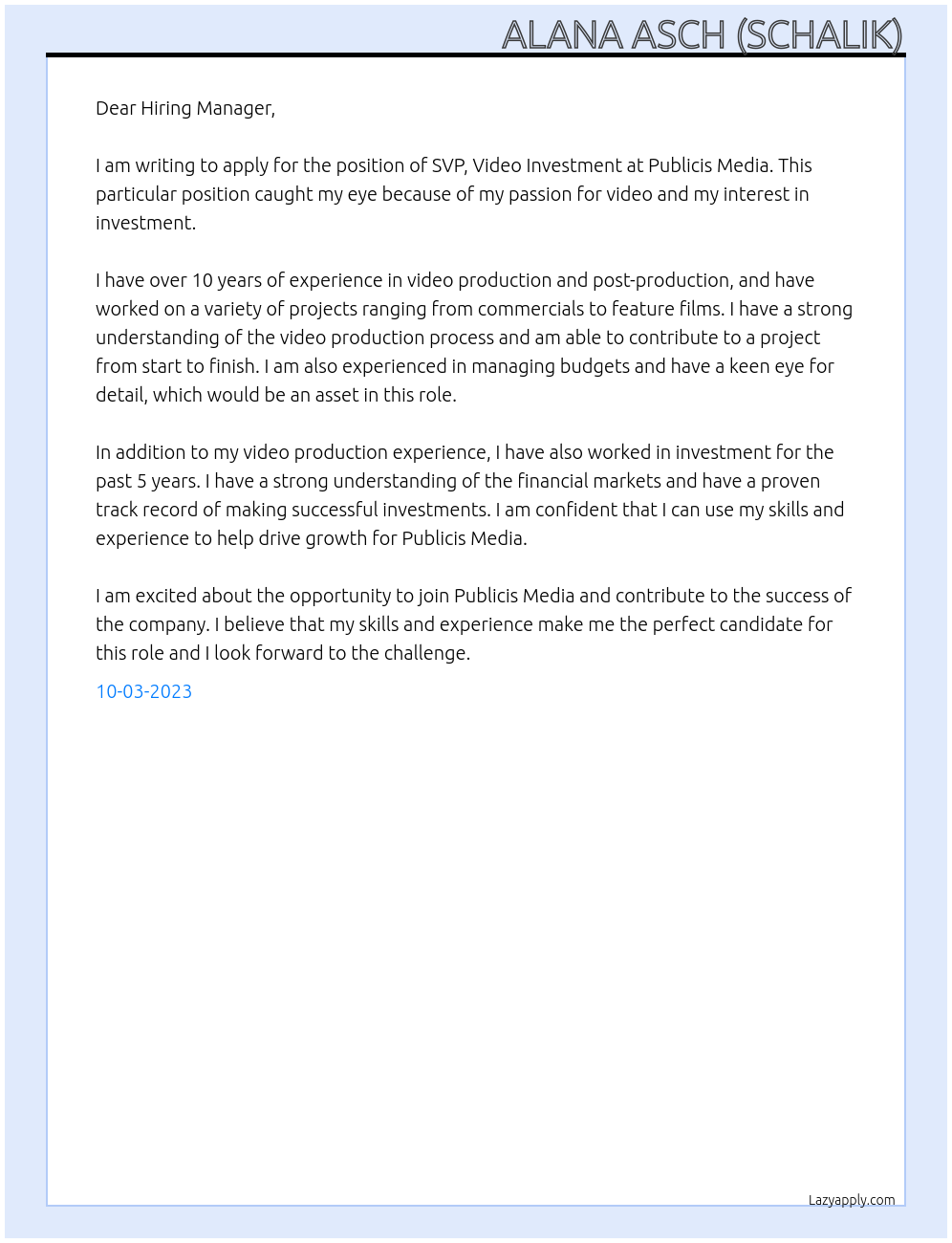 SVP, Video Investment At Publicis Media Cover Letter