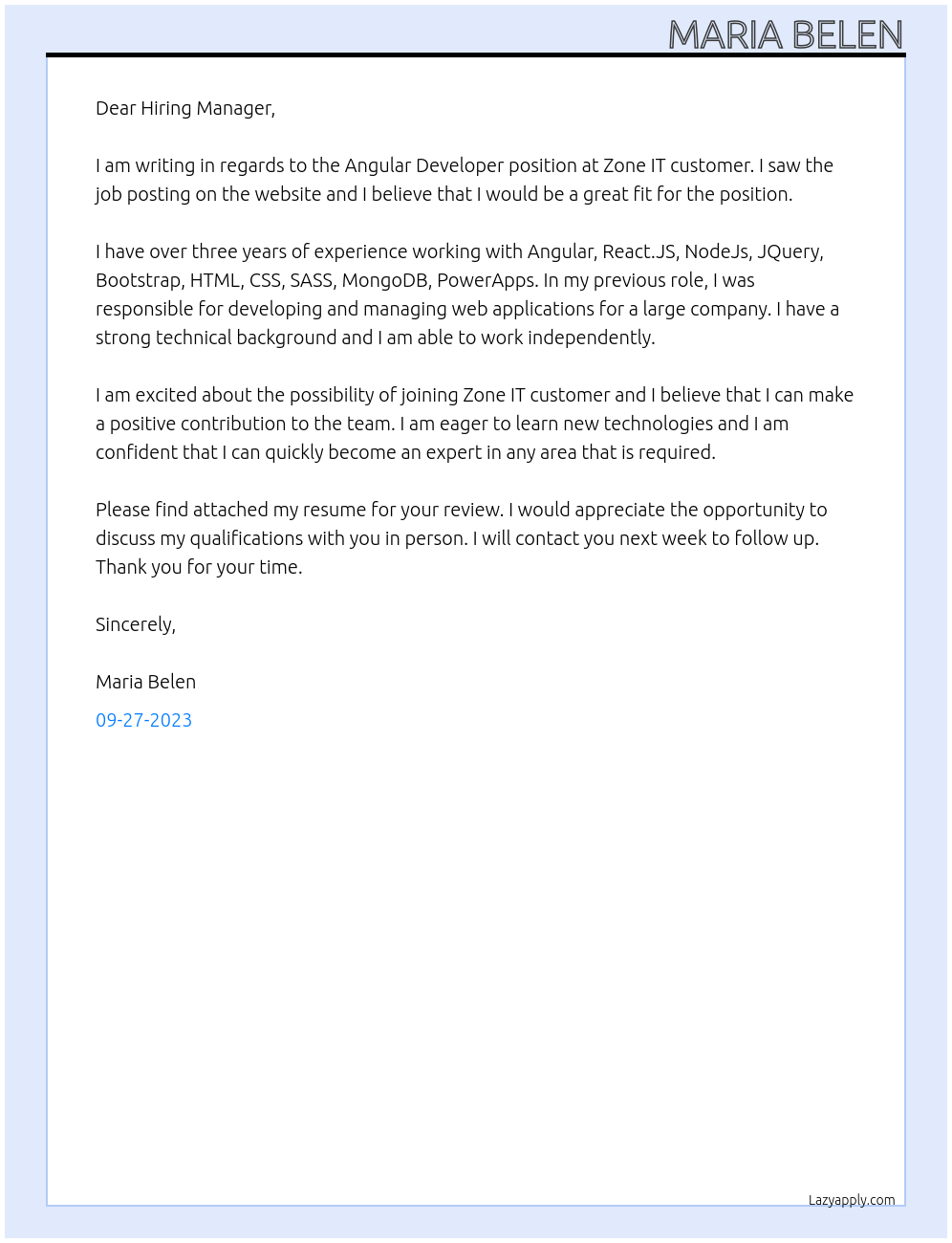 Angular Developer At Zone IT customer Cover Letter