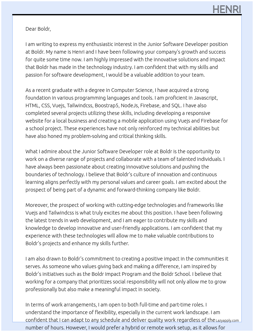 Junior Software Developer At Boldr Cover Letter