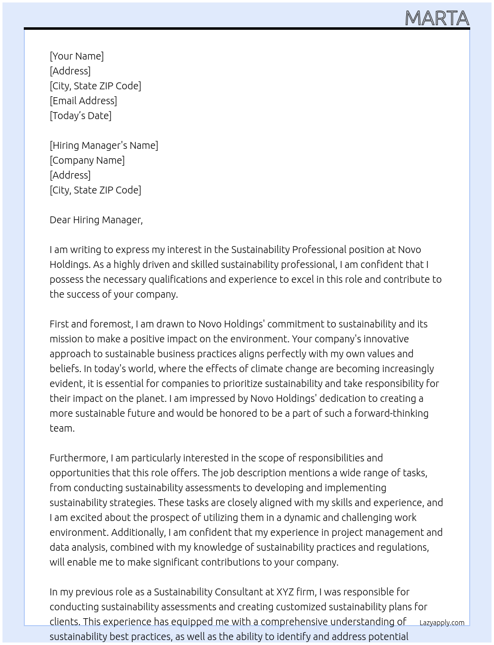 Sustainability professional At Novo holdings Cover Letter