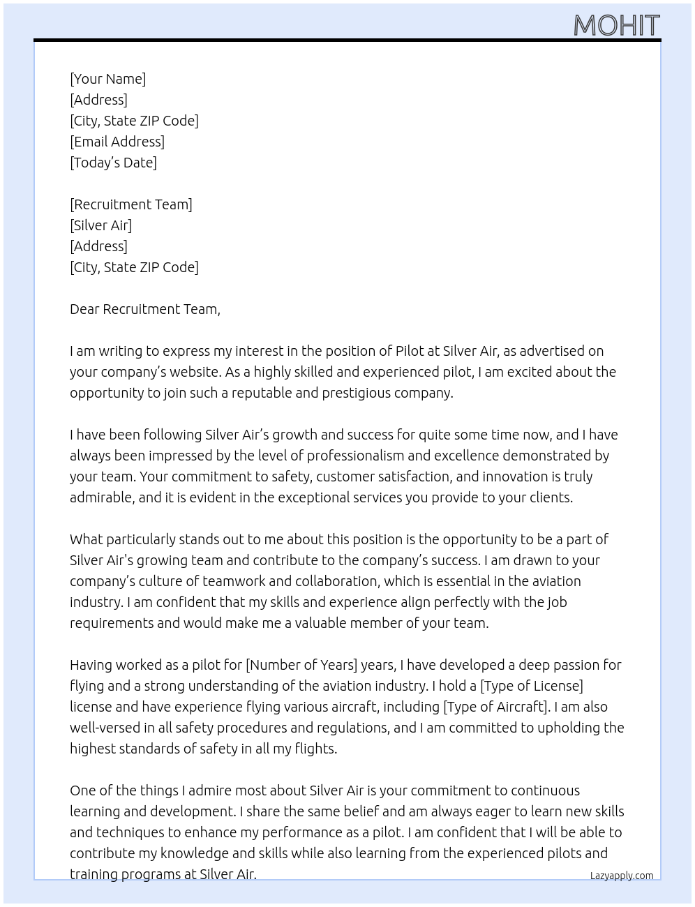 Pilot At Silver Air Cover Letter