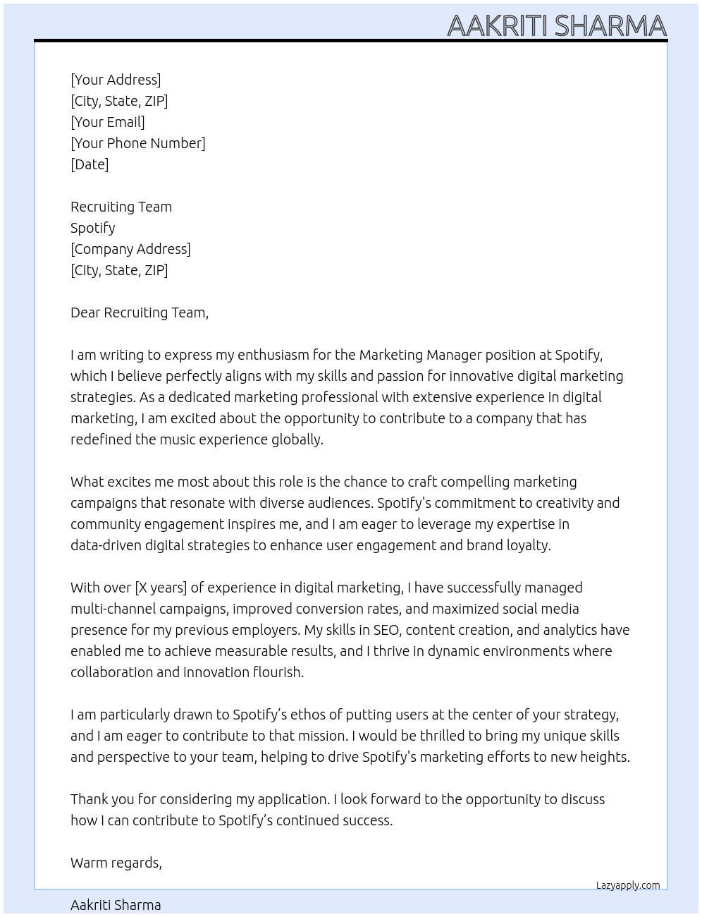 Marketing Manager At Spotify Cover Letter