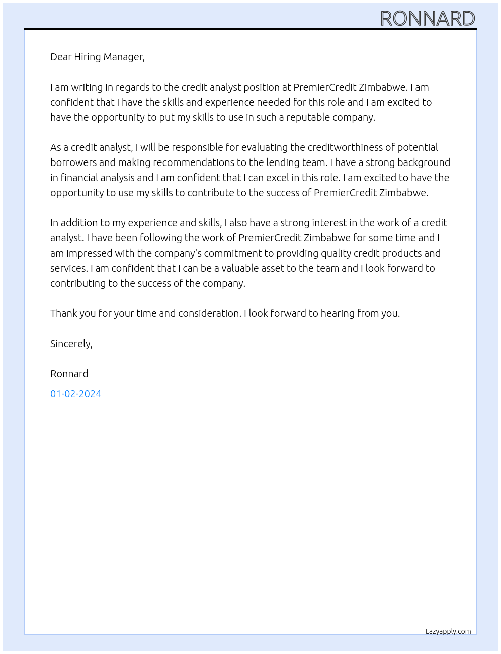 Credit analyst At PremierCredit Zimbabwe Cover Letter