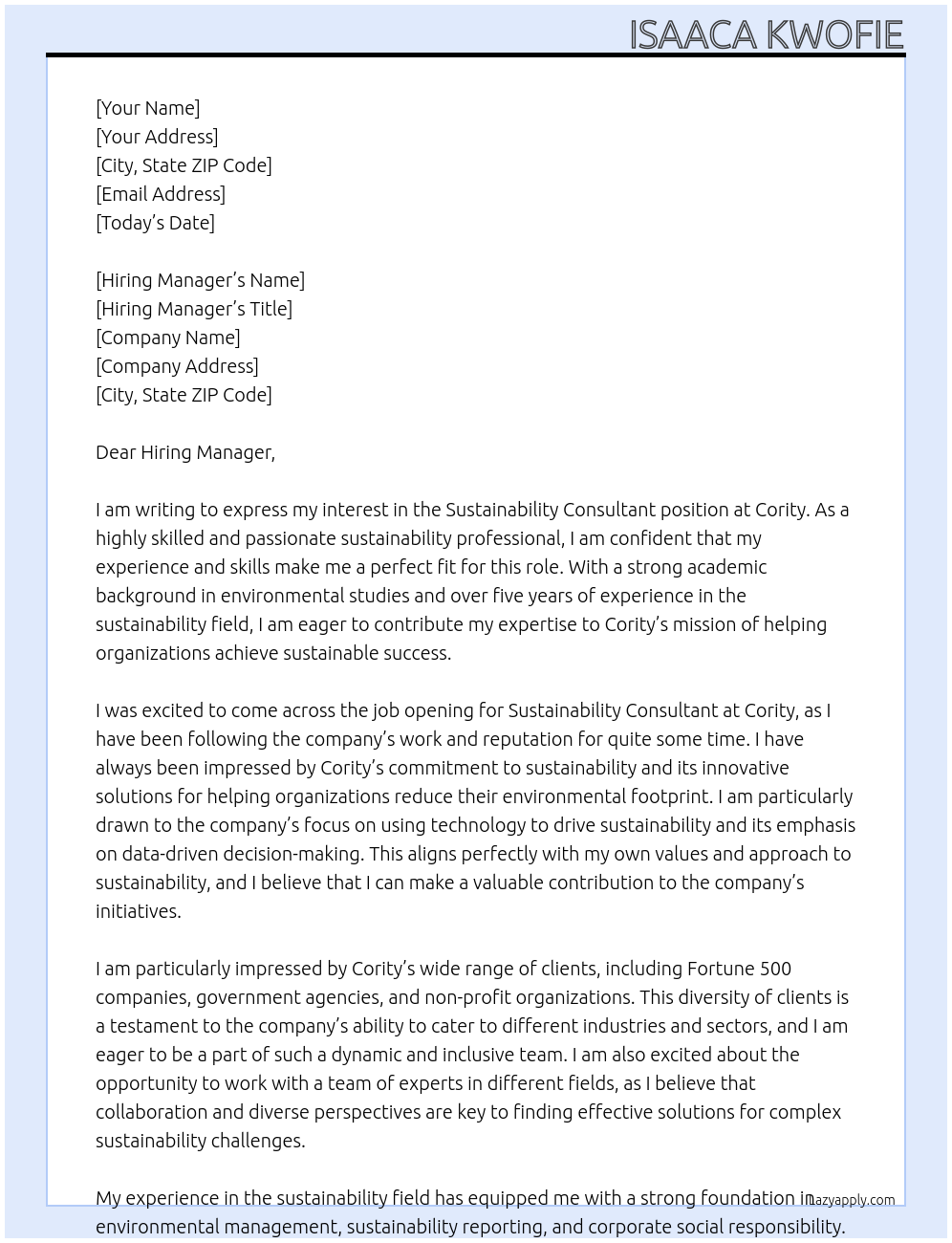 Sustainability Consultant At Cority Cover Letter