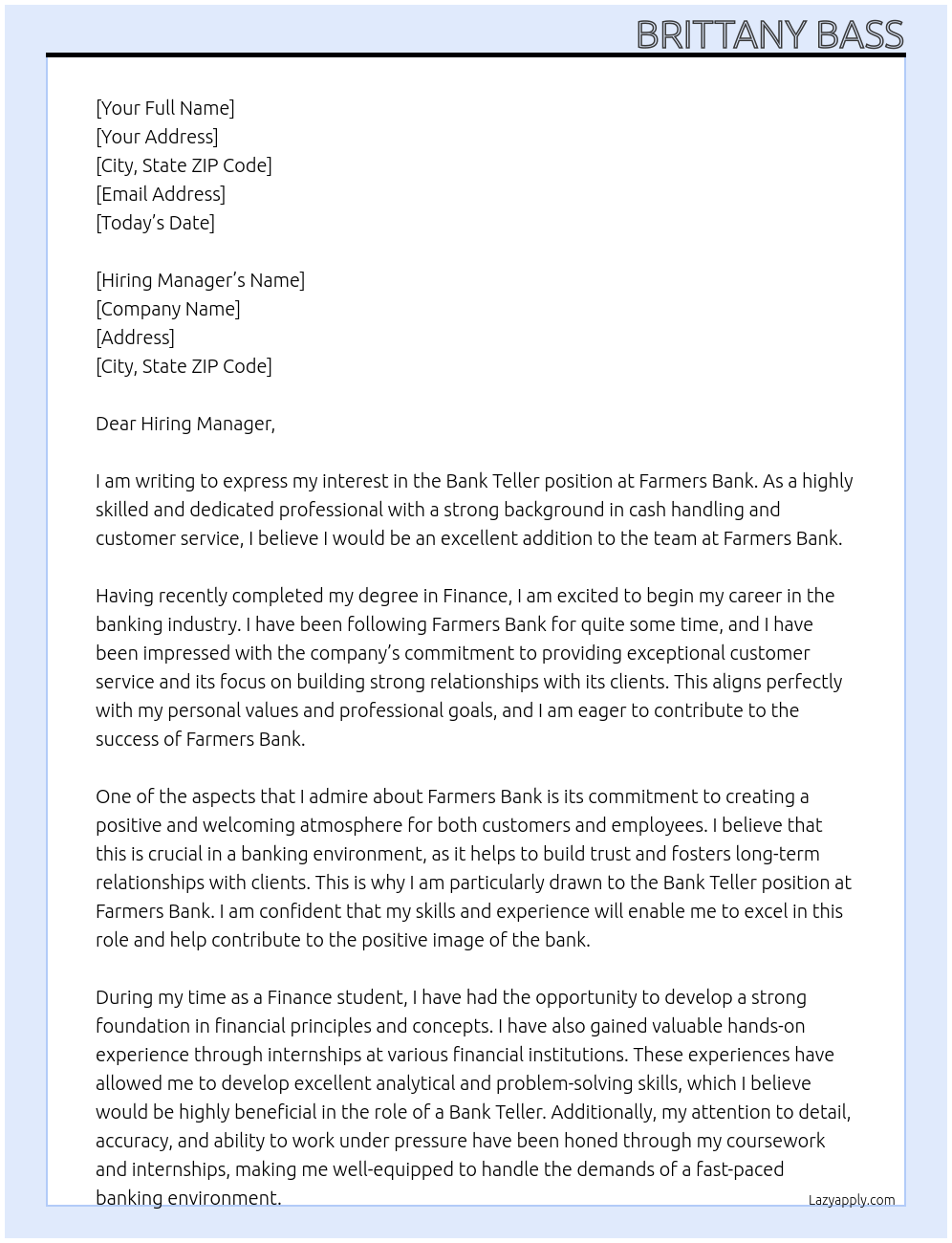 Bank teller At Farmers Bank Cover Letter