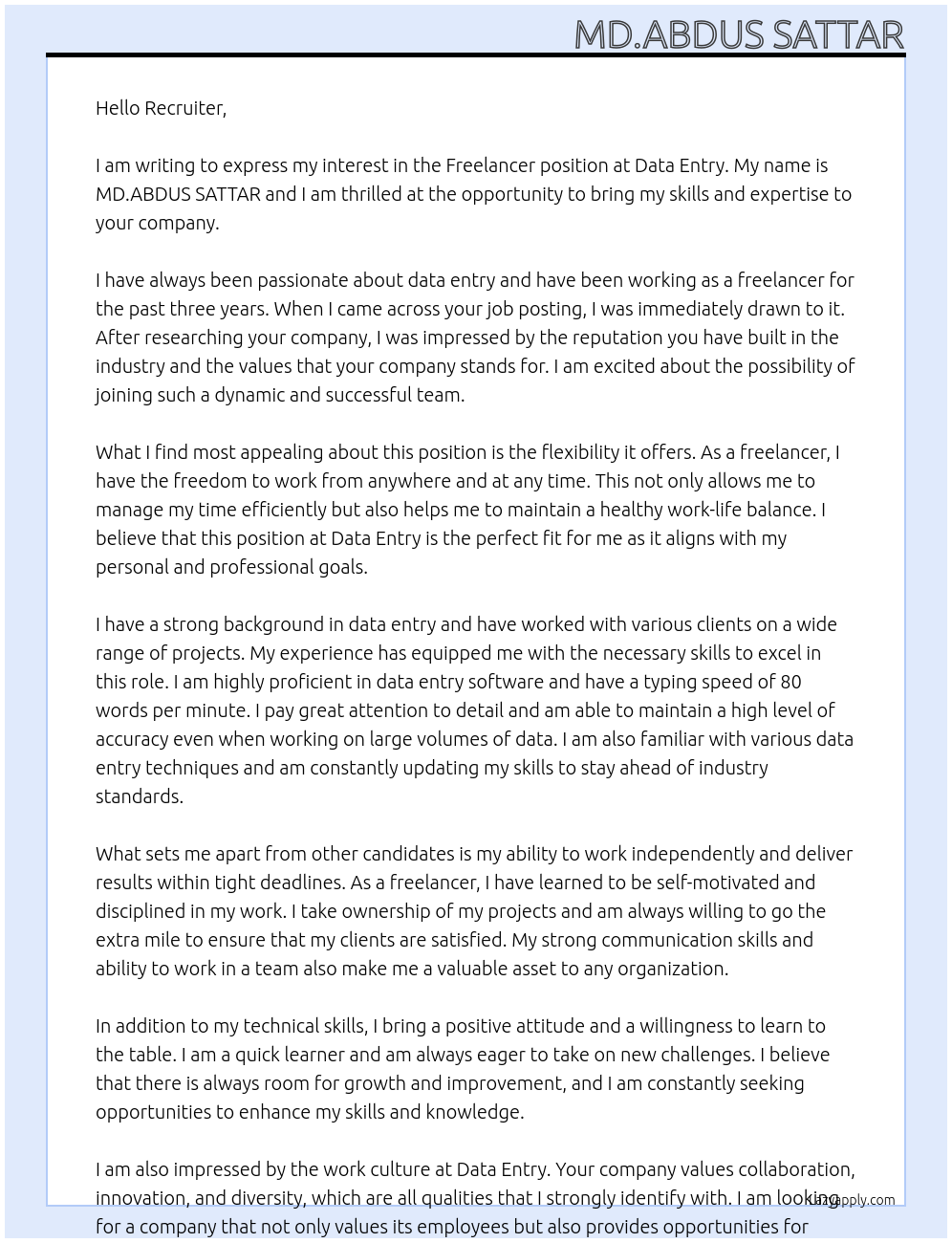 Freelancer At data entry Cover Letter