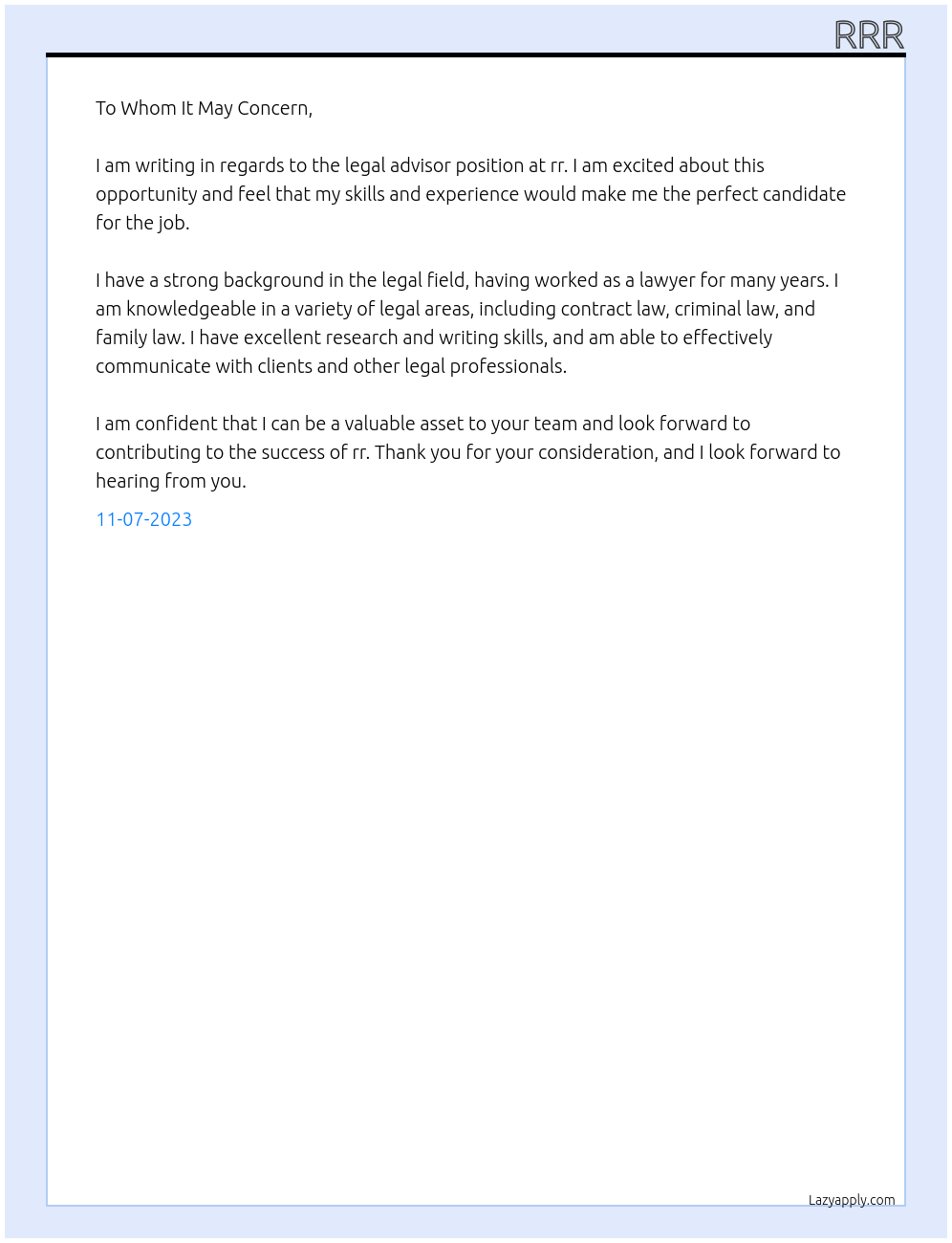 legal advisor At rr Cover Letter