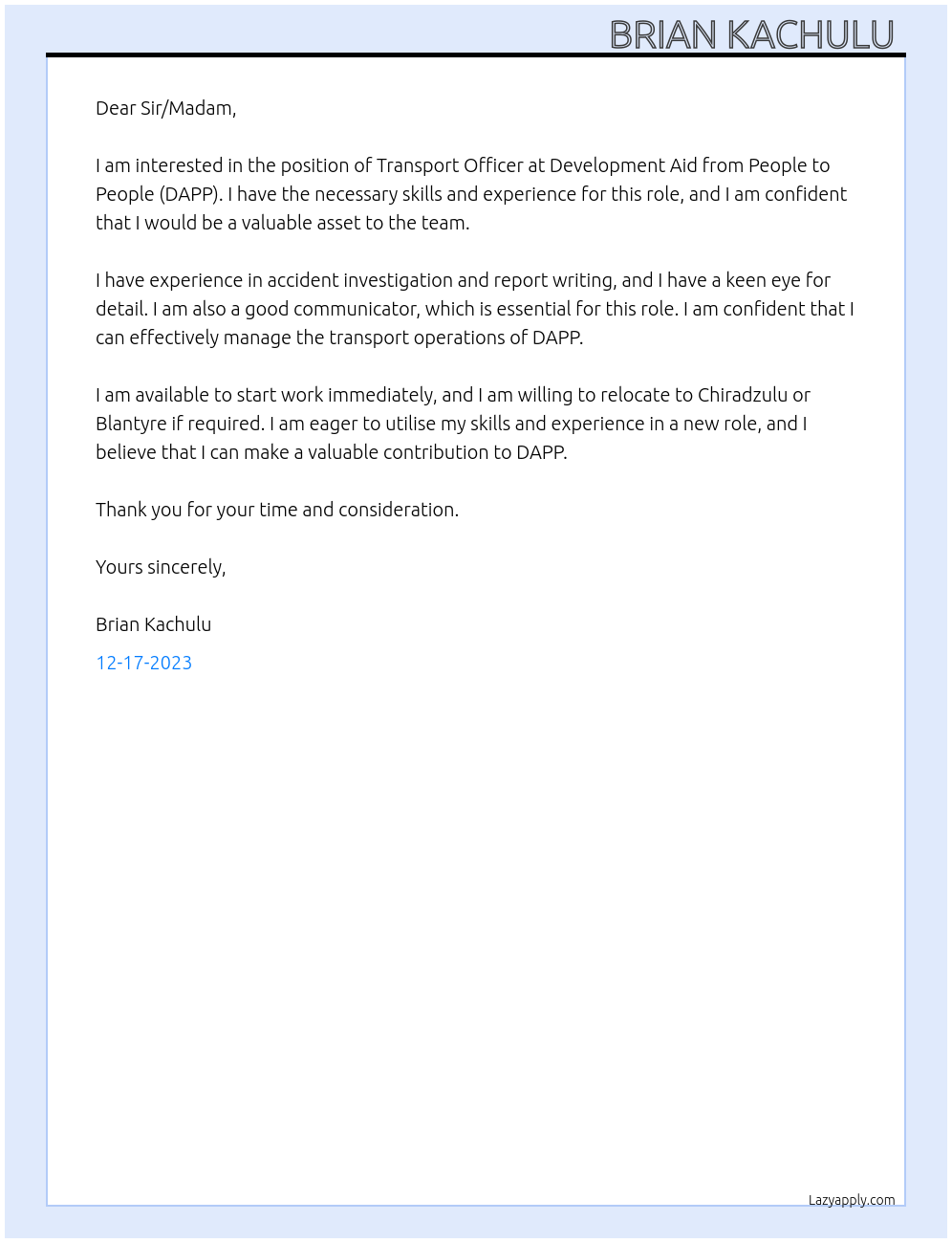 Transport officer  At Development Aid from People to People (DAPP) Cover Letter