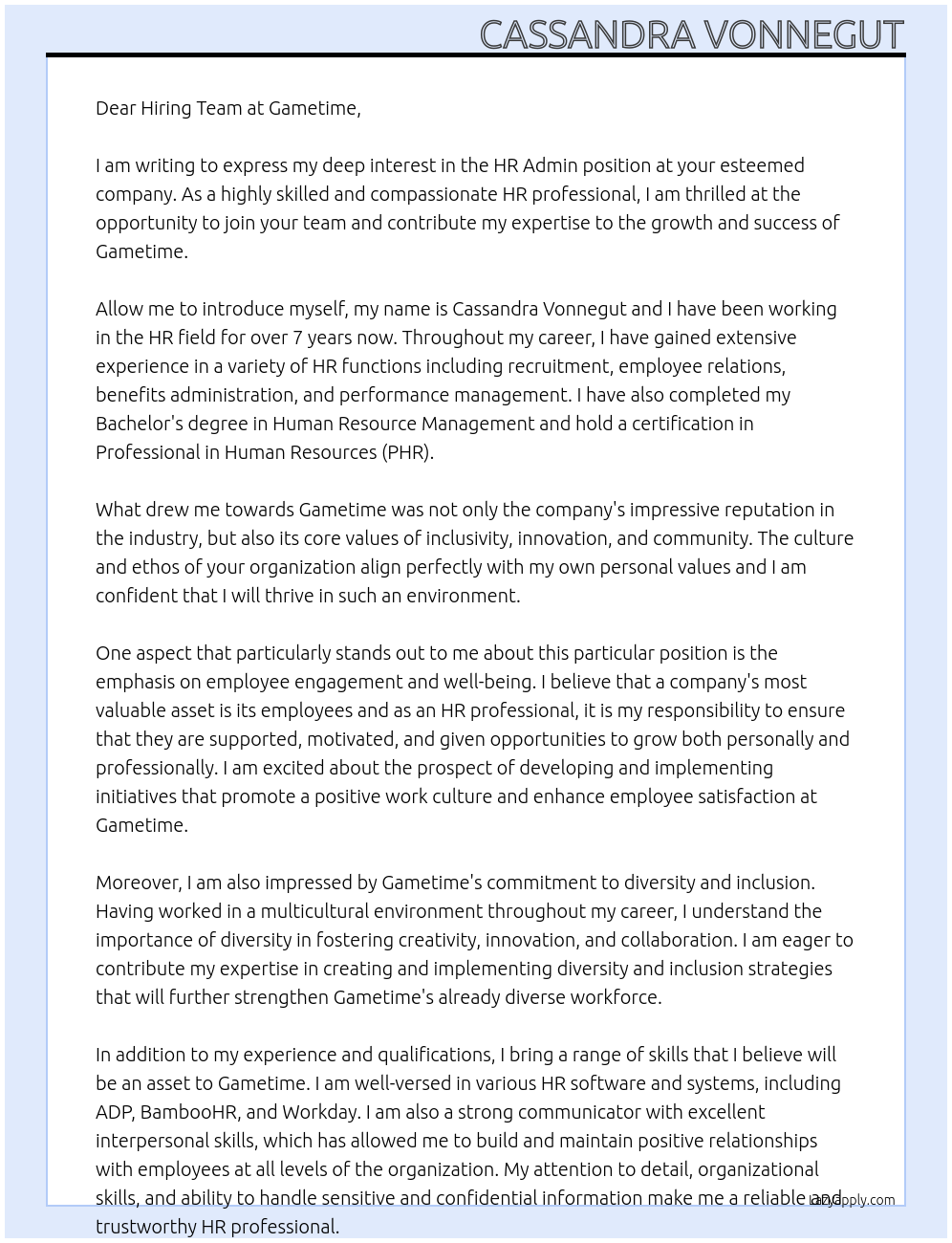 HR Admin At Gametime Cover Letter