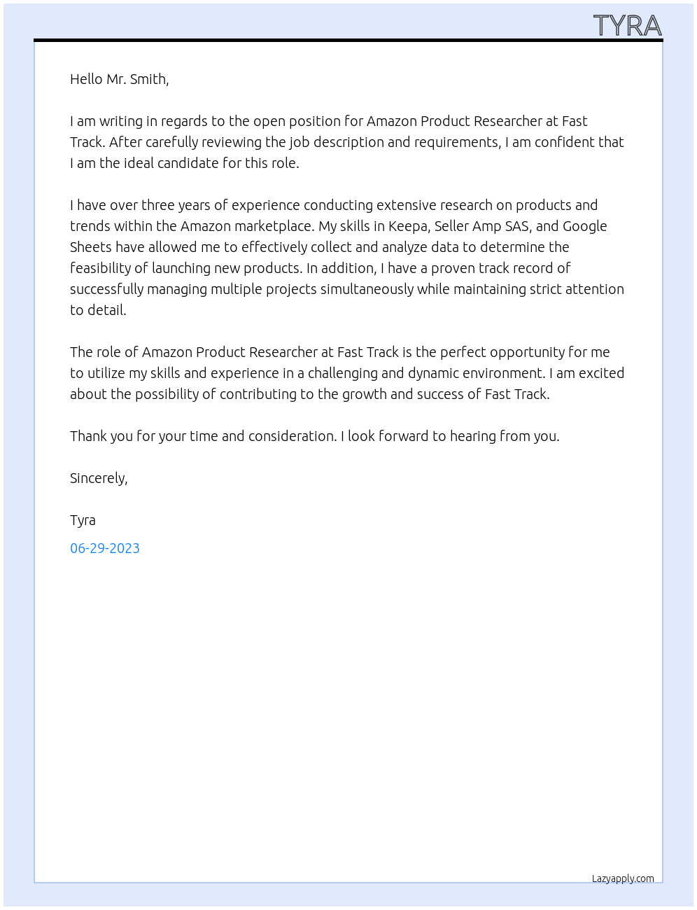 AMAZON PRODUCT RESEARCHER At Fast Track Cover Letter