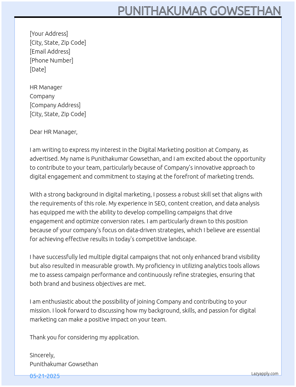 Digital marketing At Company Cover Letter