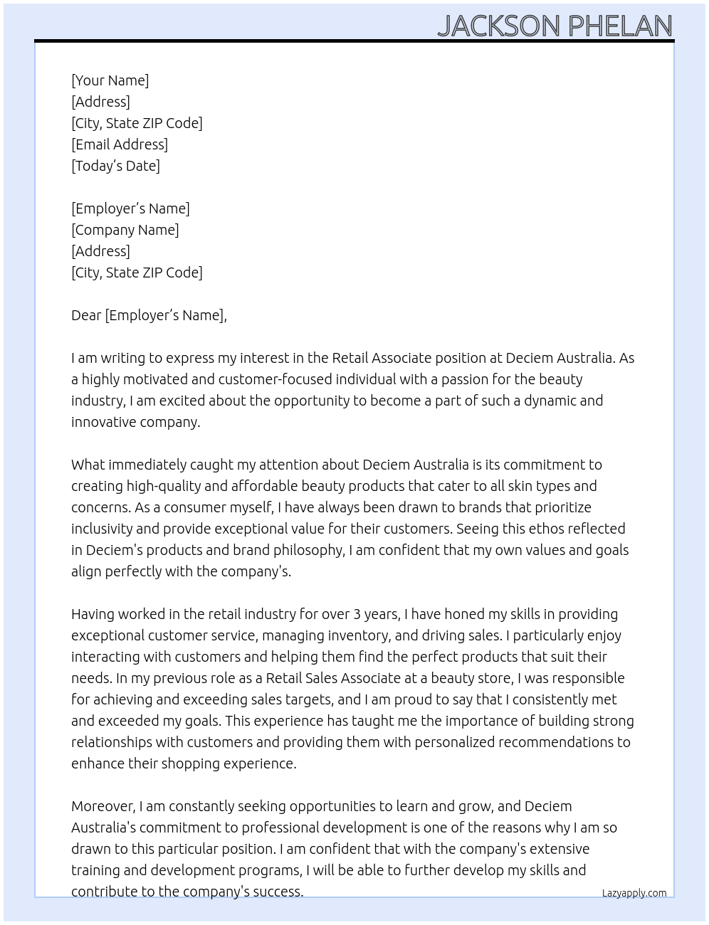 Retail Associate At Deciem Australia Cover Letter