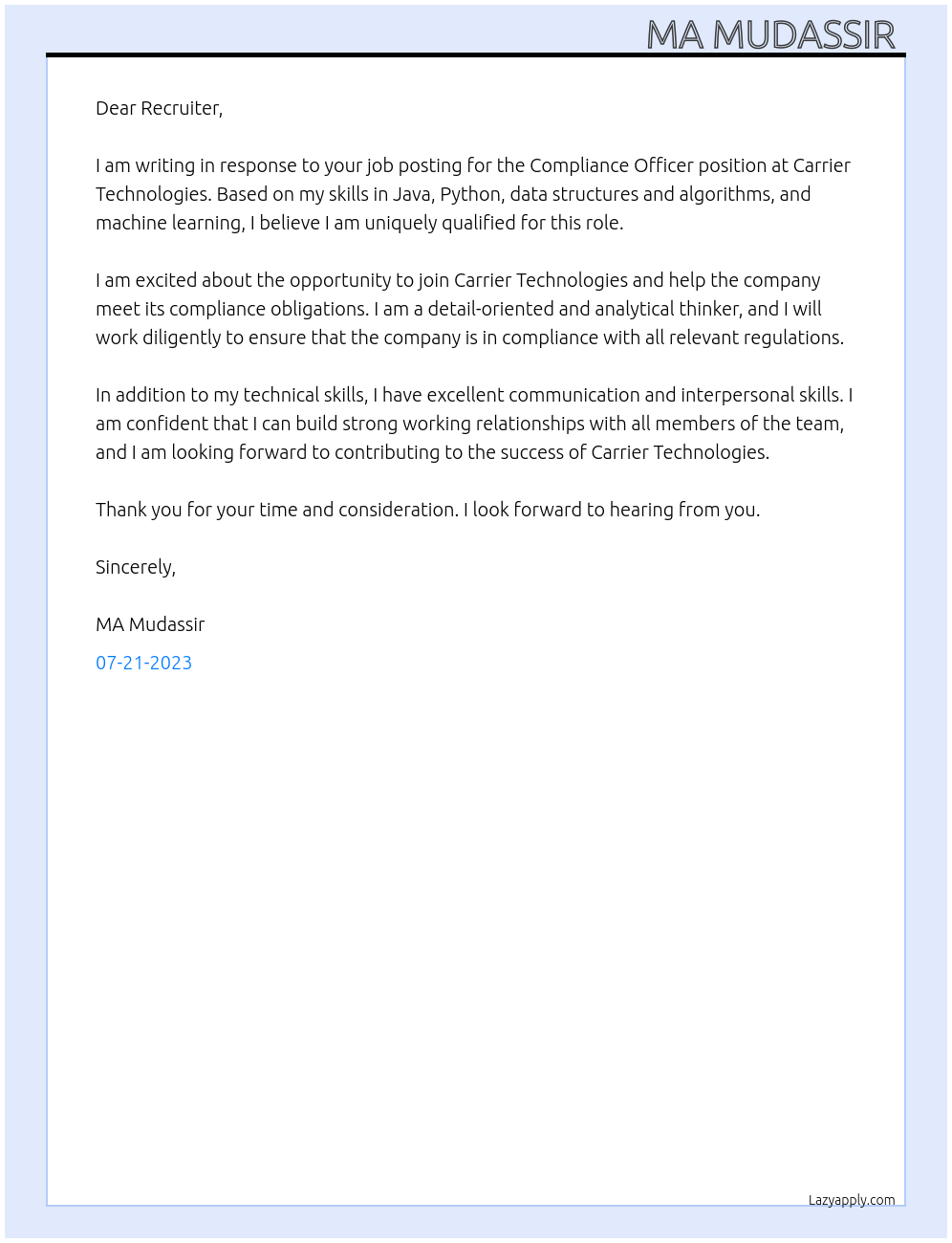 Compliance officer At Carrier technologies Cover Letter