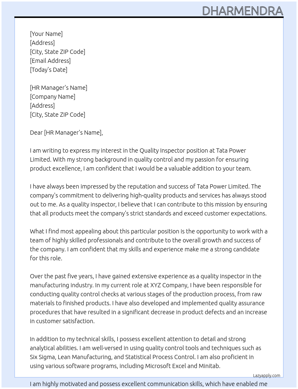 Quality inspector At Tata power limited Cover Letter