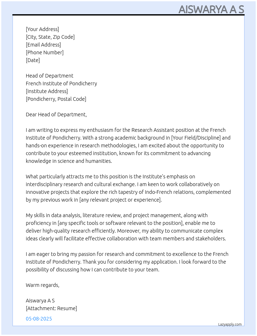 Research assistant At French institute of Pondicherry Cover Letter