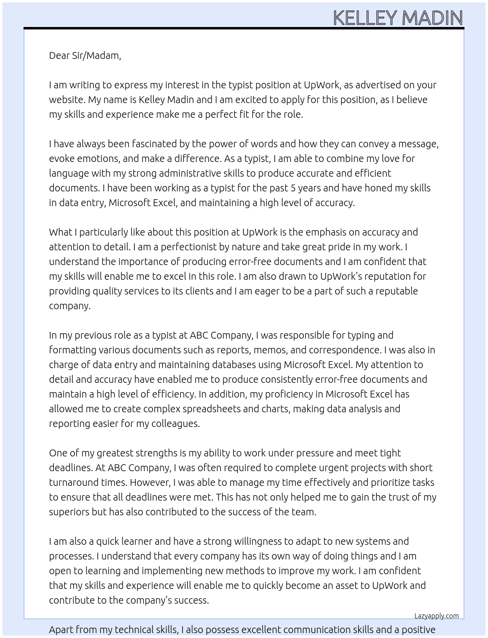 typist At UpWork Cover Letter