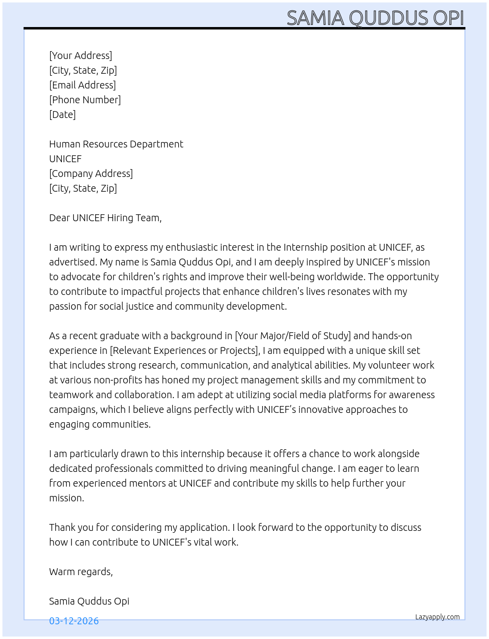 Internship At Unicef Cover Letter