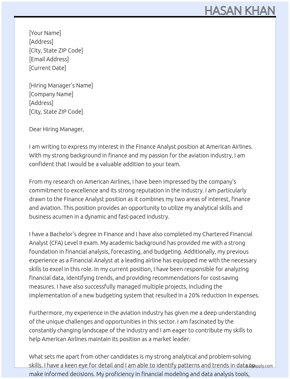 Finance Analyst At american airline Cover Letter