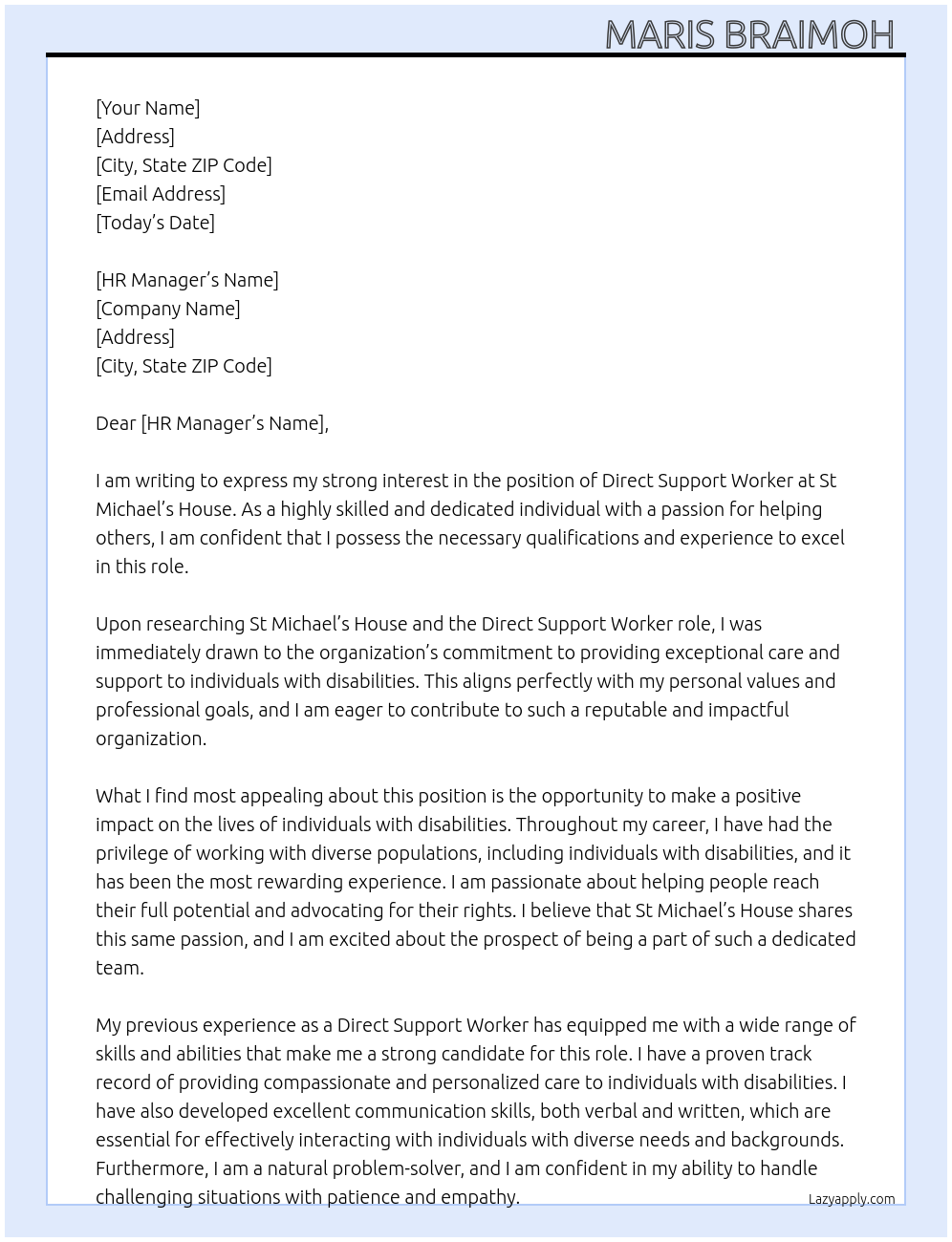 Direct Support Worker At St Michael’s House  Cover Letter