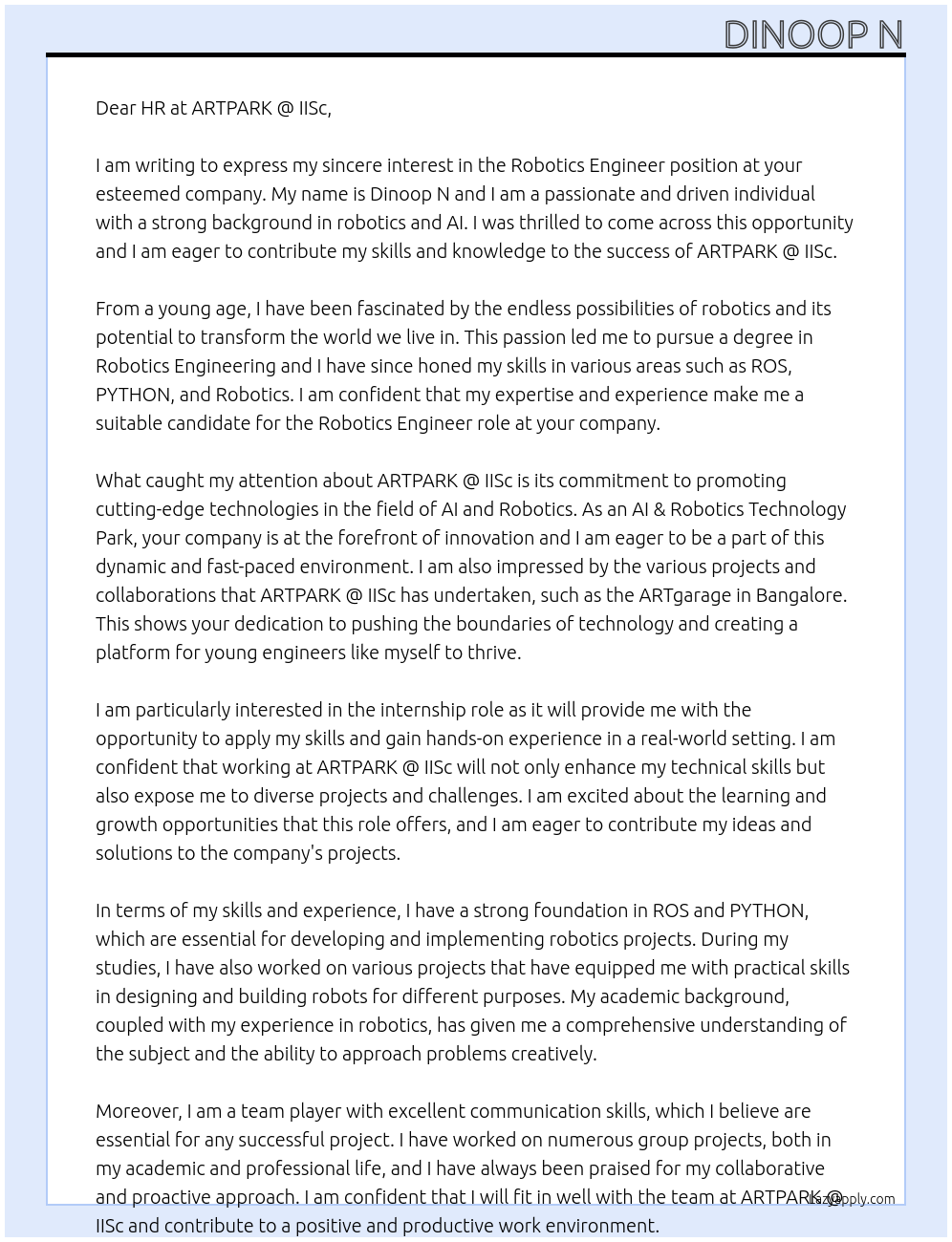 Robotics engineer At ARTPARK @ IISc (AI & Robotics Technology Park) Cover Letter