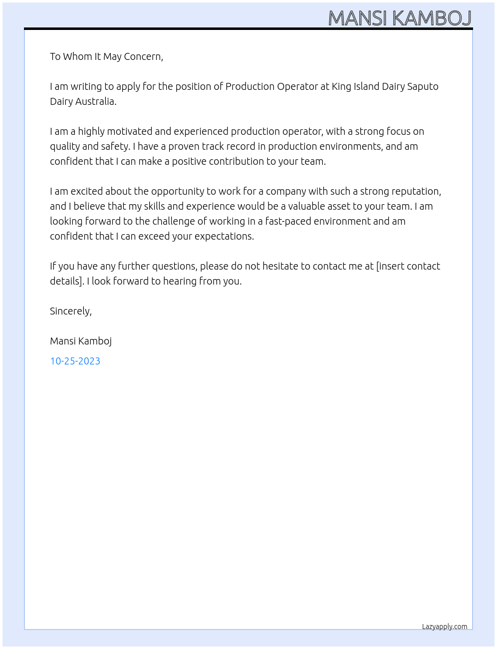 Production operator At King Island Dairy Saputo Dairy Australia Cover Letter