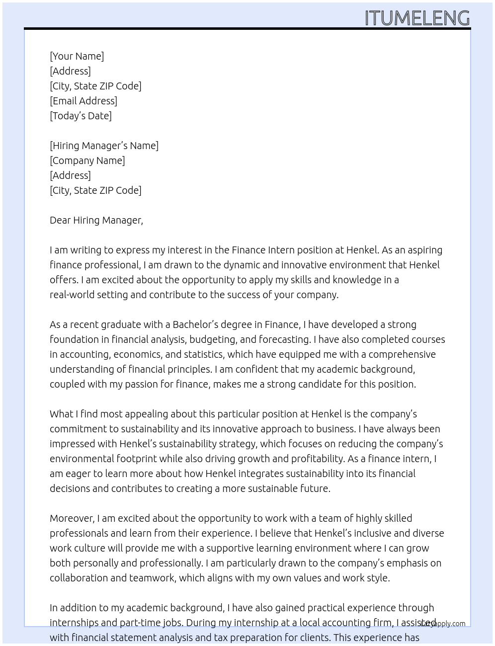 finance intern At henkel Cover Letter