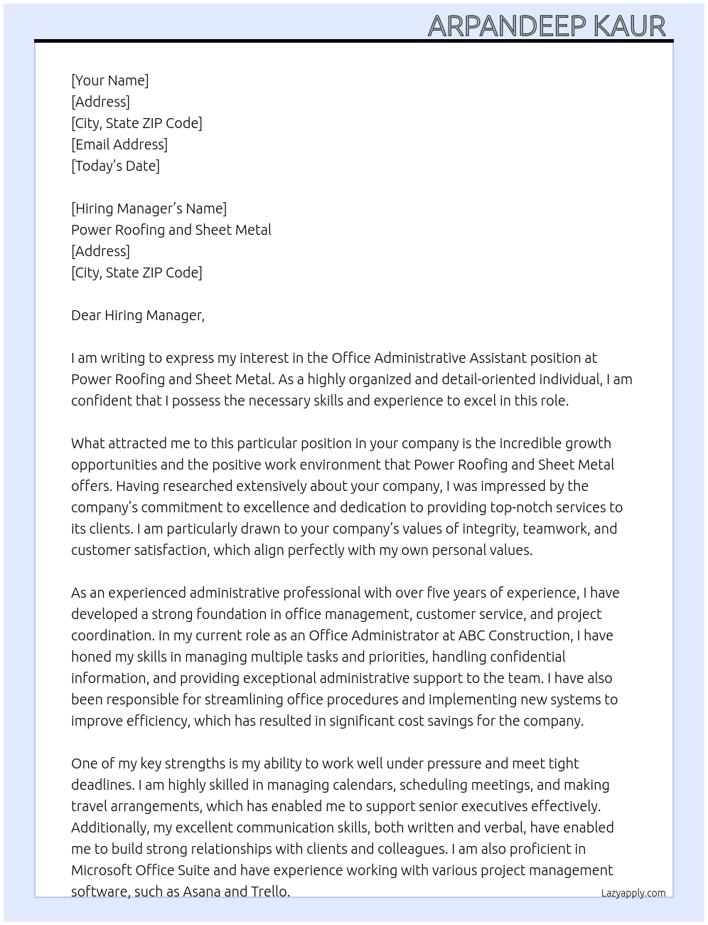 Office Administrative Assistant At Power Roofing and sheet Metal Cover Letter