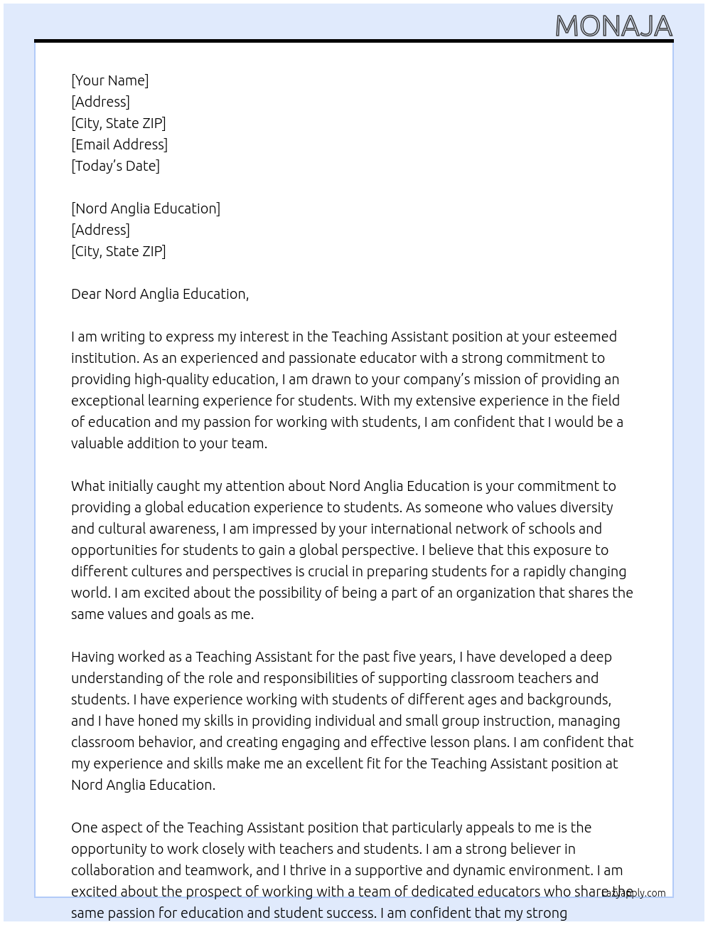 Teaching Assistant At Nord Anglia Education Cover Letter