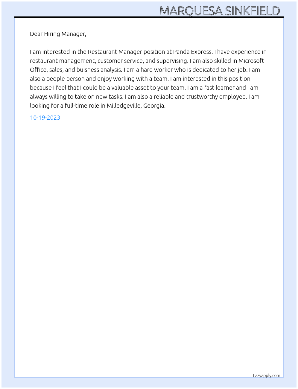 Restaurant Manager At Panda Express Cover Letter