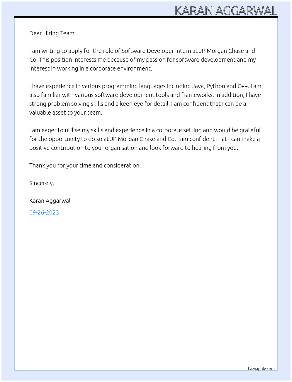 Software Developer Intern At JP Morgan Chase and Co. Cover Letter