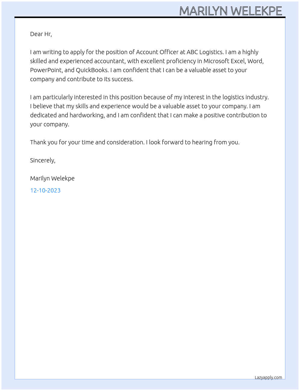 Account Officer At ABC logistics Cover Letter