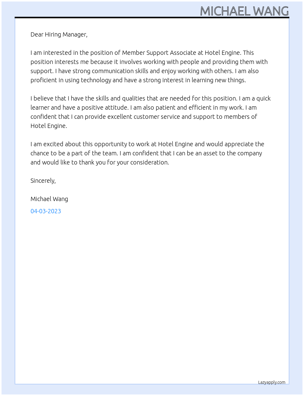 Member Support Associate At Hotel Engine Cover Letter