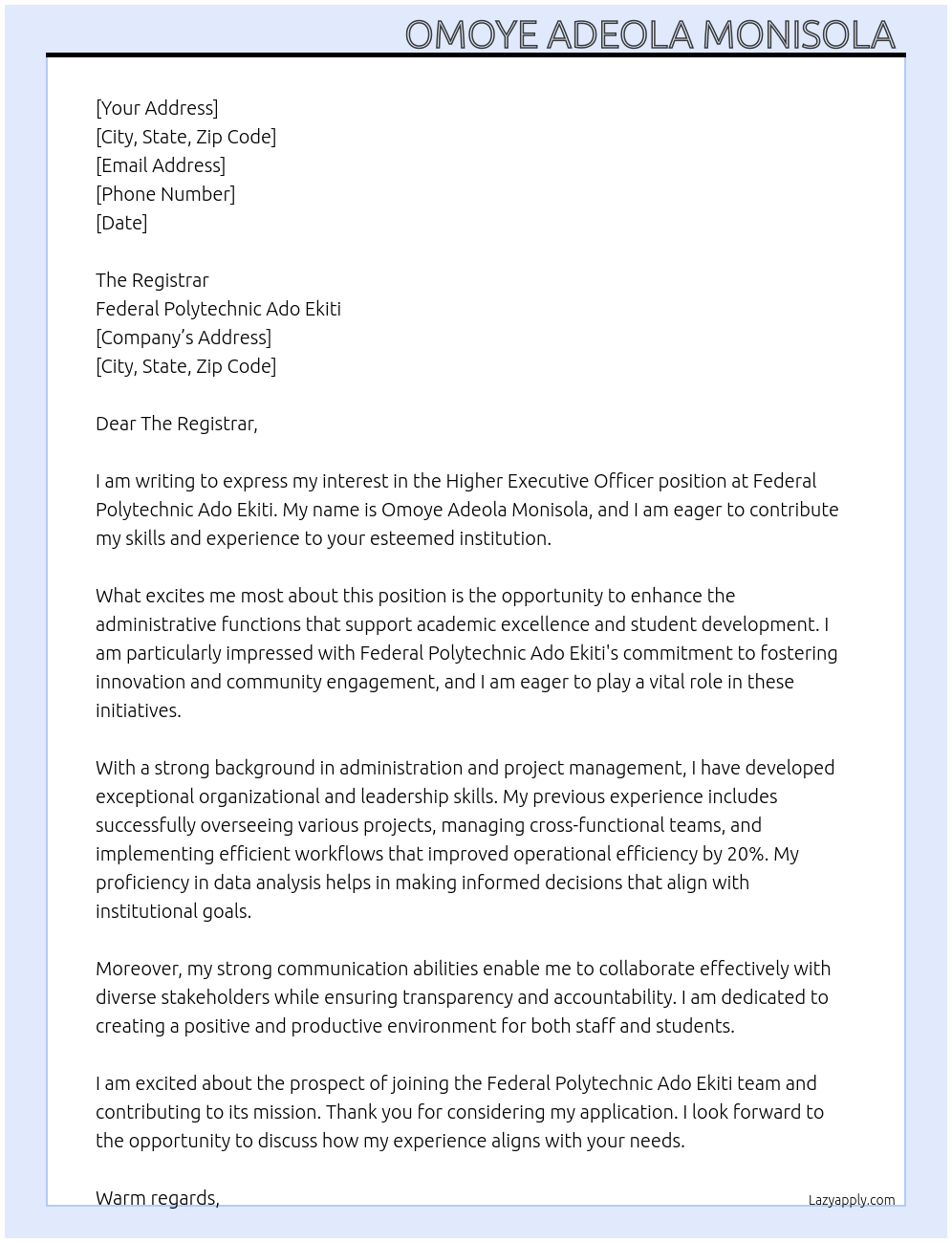 Higher Executive Officer At Federal Polytechnic Ado Ekiti Cover Letter