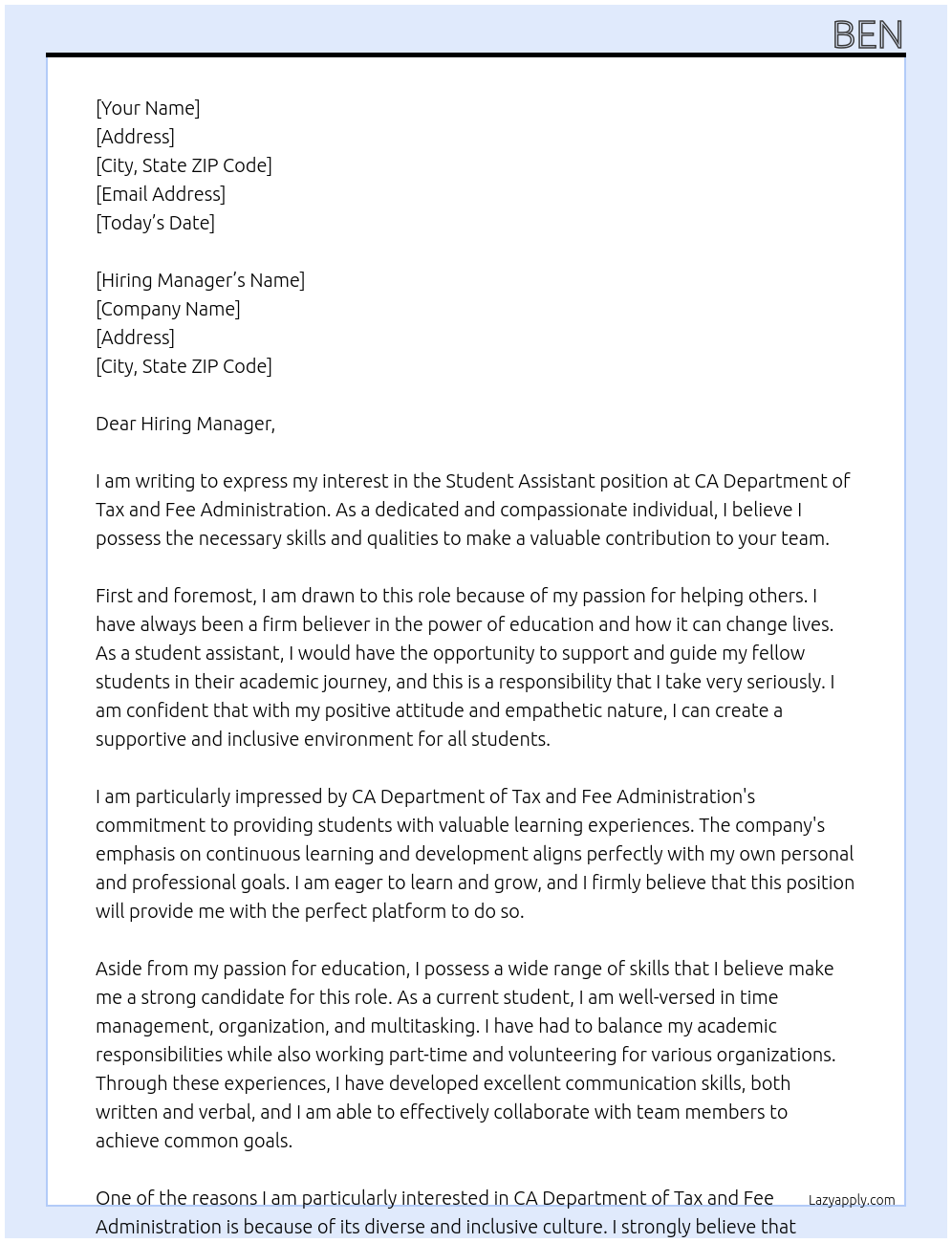 student assistant At CA Department of Tax and Fee Administration Cover Letter