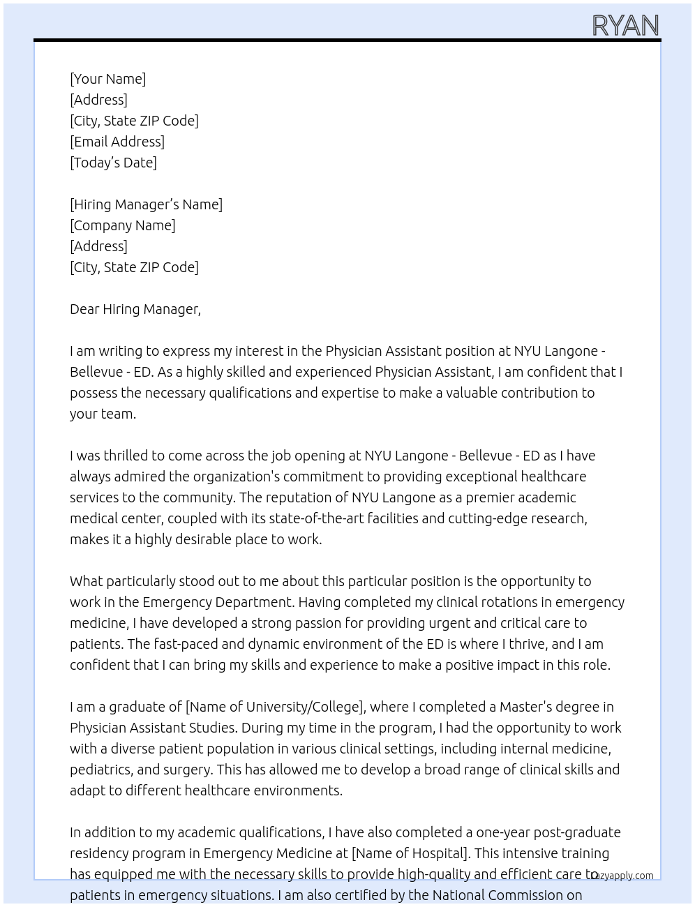 Physician Assistant At NYU Langone - Bellevue - ED Cover Letter