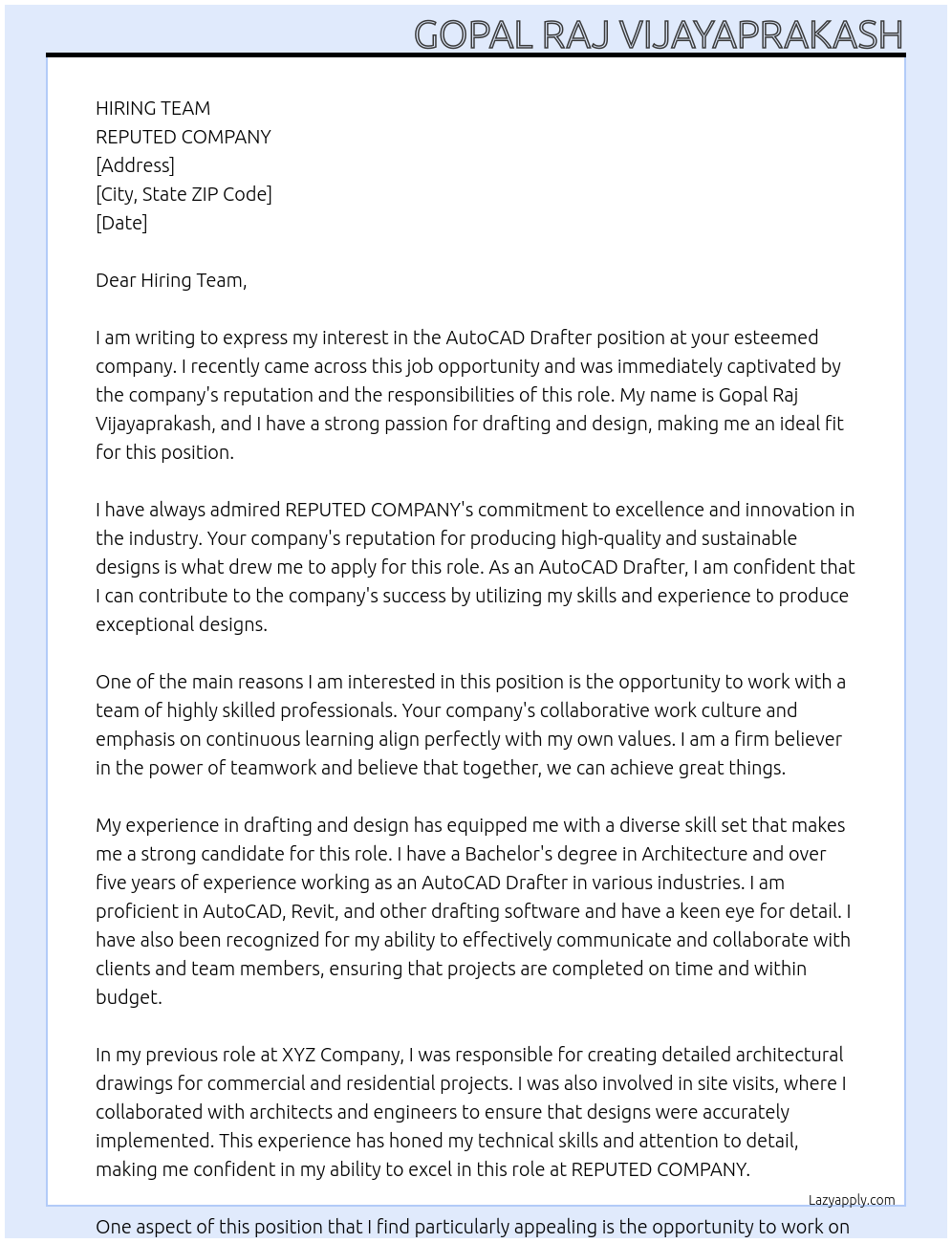 AutoCAD Drafter At REPUTED COMPANY Cover Letter