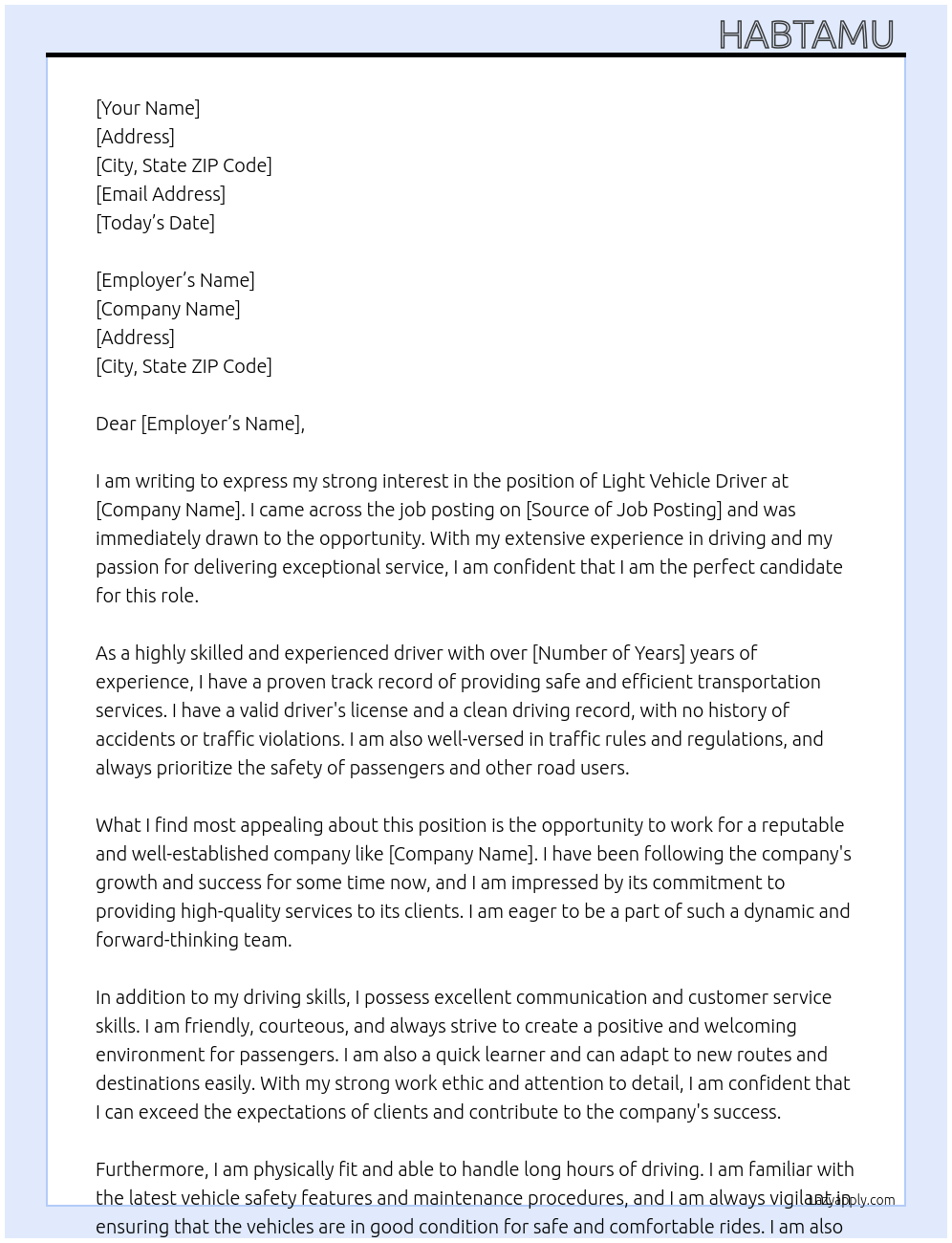 Light vehicle driver  At Company  Cover Letter