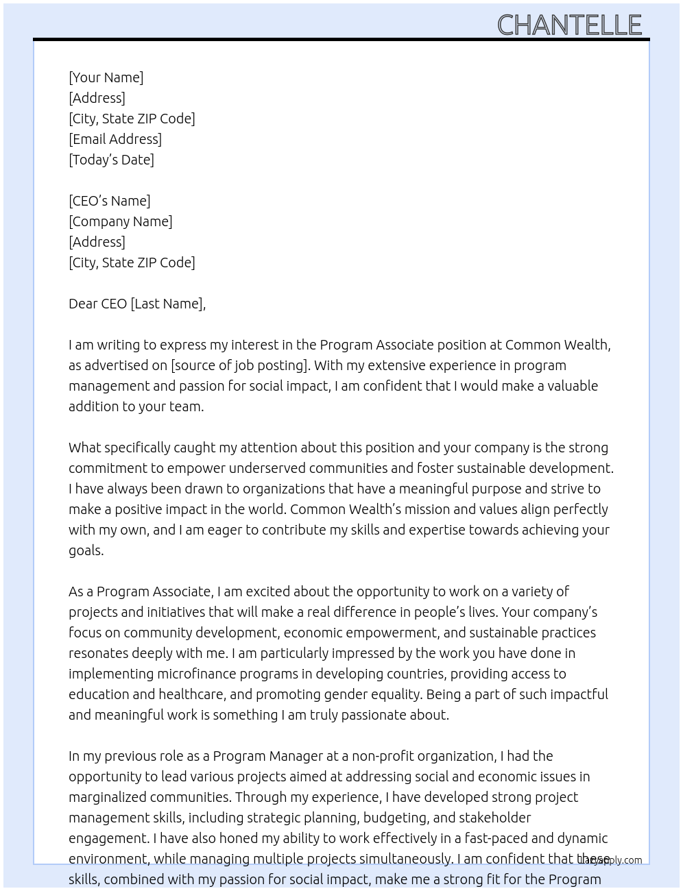 Program Associate At Common Wealth Cover Letter