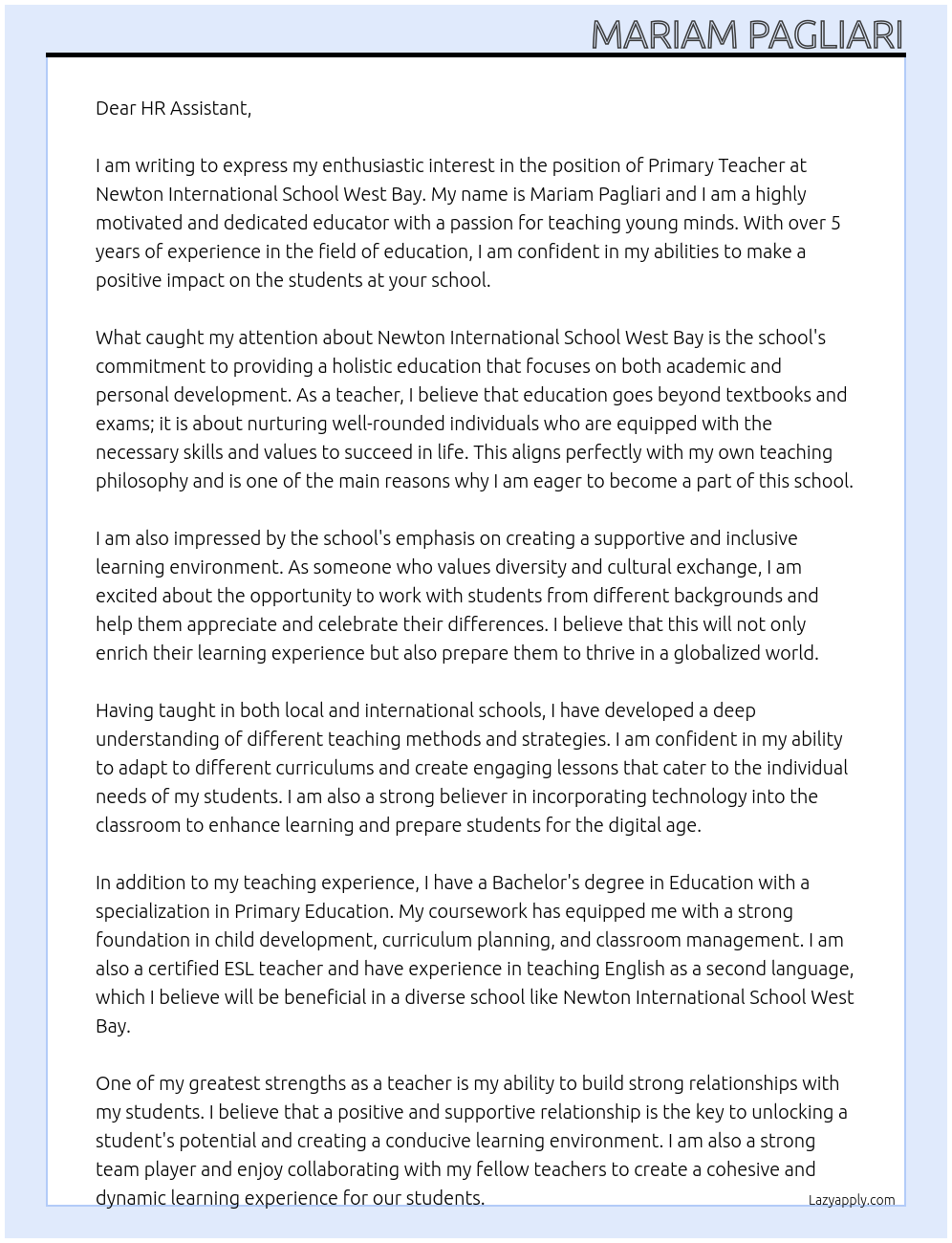 Primary Teacher At Newton International School West Bay Cover Letter