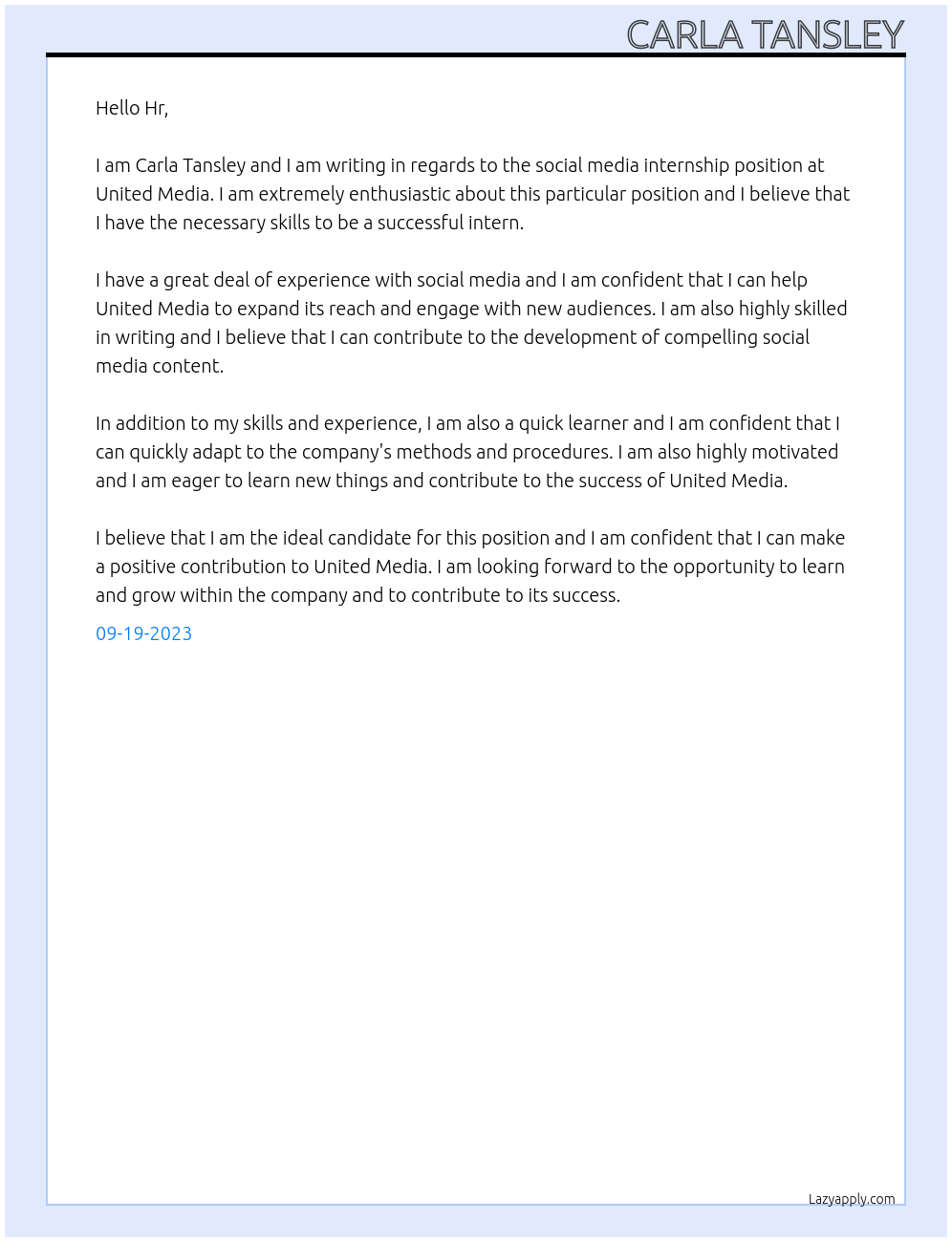 social media internship At United Media Cover Letter